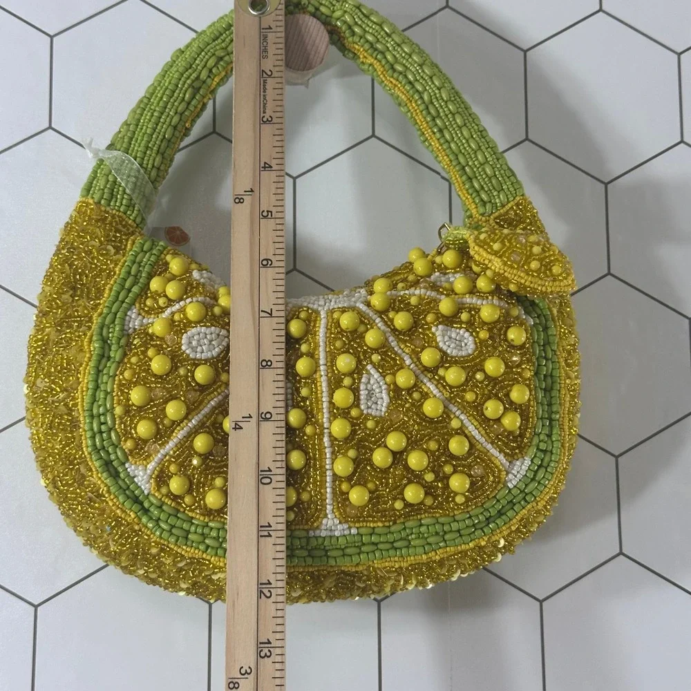 Handcrafted Beaded Lemon Slice Hobo Bag Yellow Green Citrus Fruit Novelty NWT